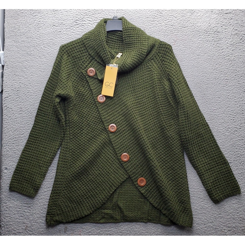 Grecerelle Cardigan Sweater Womens L Green Waffle Knit Asymmetric Button Front